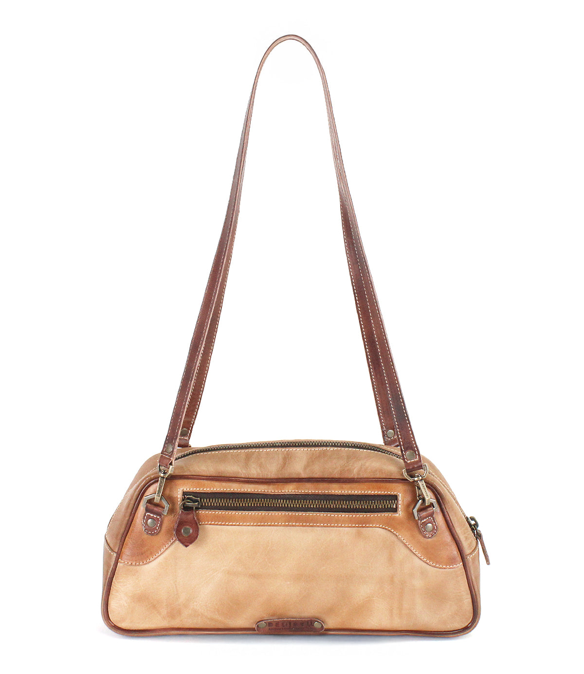 Bed|Stü Lorien tan leather compact shoulder bag with color-blocked panels, a zippered front pocket, top handles, and metal hardware.