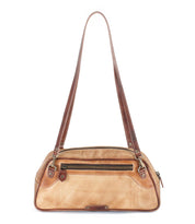 Bed|Stü Lorien tan leather compact shoulder bag with color-blocked panels, a zippered front pocket, top handles, and metal hardware.
