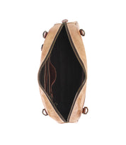Top-down view of an open tan color-blocked leather Lorien shoulder bag by Bed|Stü, featuring a zippered main compartment and internal pockets.