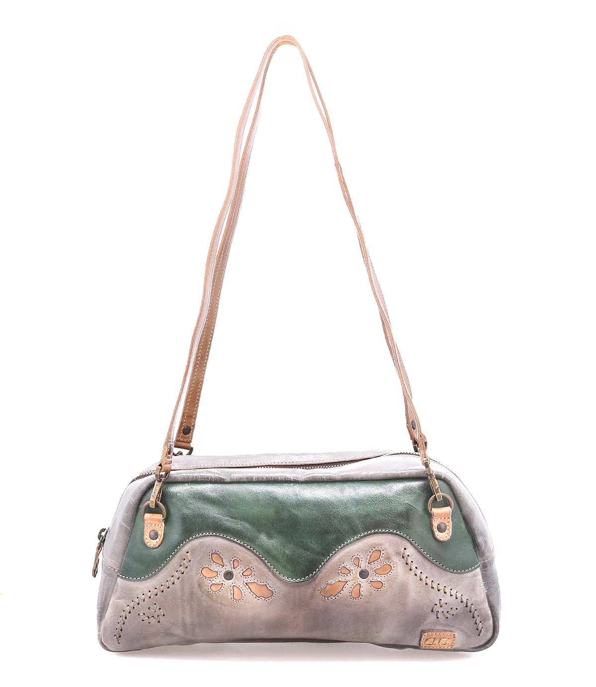 Bed|Stü Lorien two-toned green and gray color-blocked leather handbag with a floral motif cutout design and thin shoulder straps.