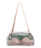 Bed|Stü Lorien two-toned green and gray color-blocked leather handbag with a floral motif cutout design and thin shoulder straps.