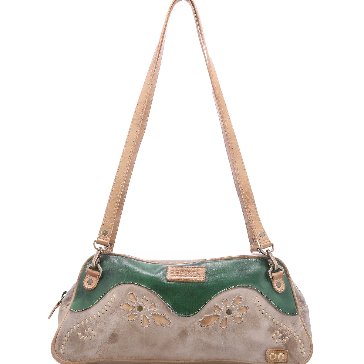 Lorien by Bed|Stü compact, two-tone leather shoulder bag with floral motif cutouts and decorative stitching.