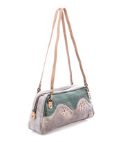 Bed|Stü Lorien green and grey color-blocked leather handbag with thin shoulder straps and a floral motif cutout design.