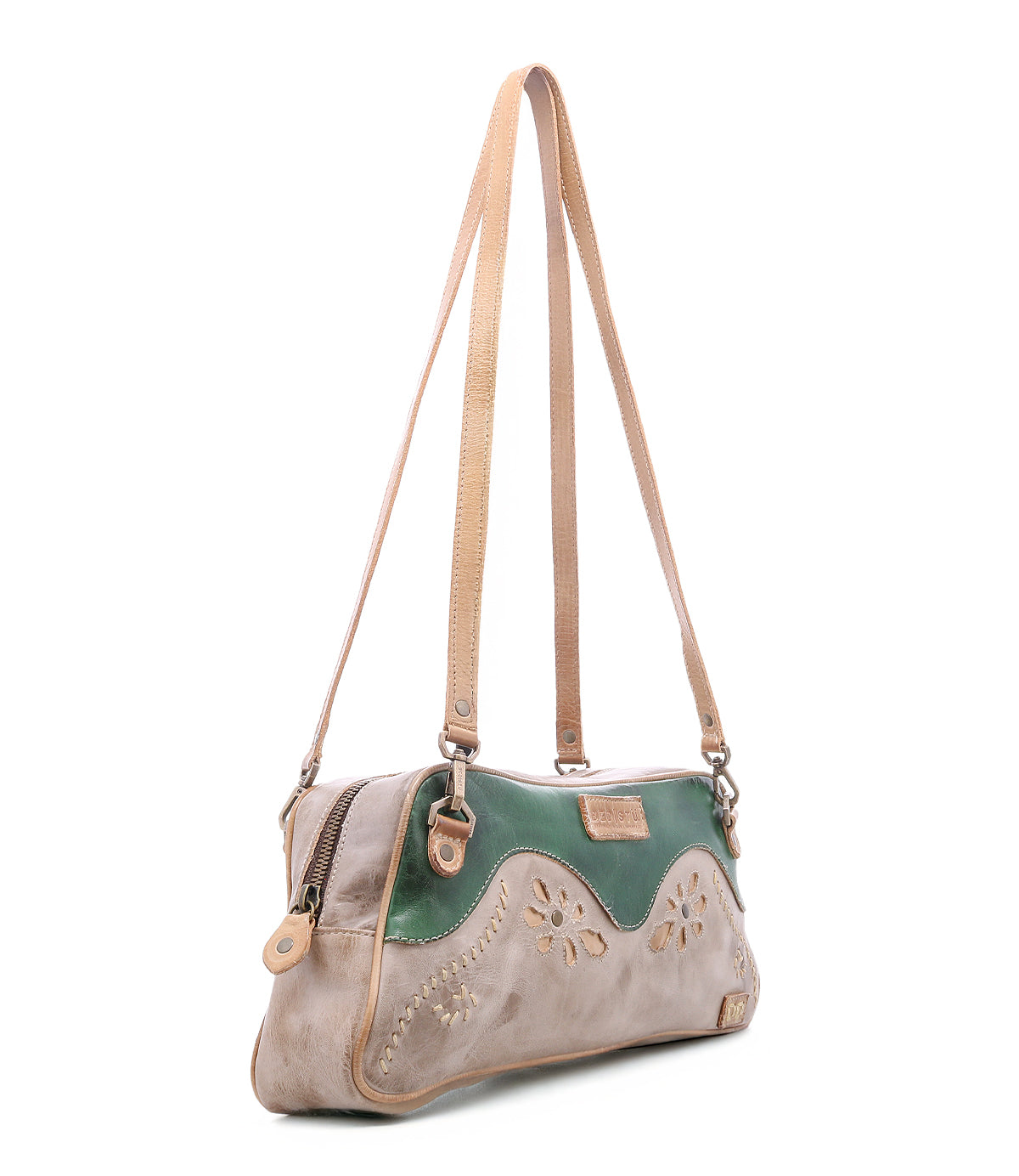 Bed|Stü Lorien tan and green color-blocked leather crossbody bag with floral motif cutouts and long shoulder straps.