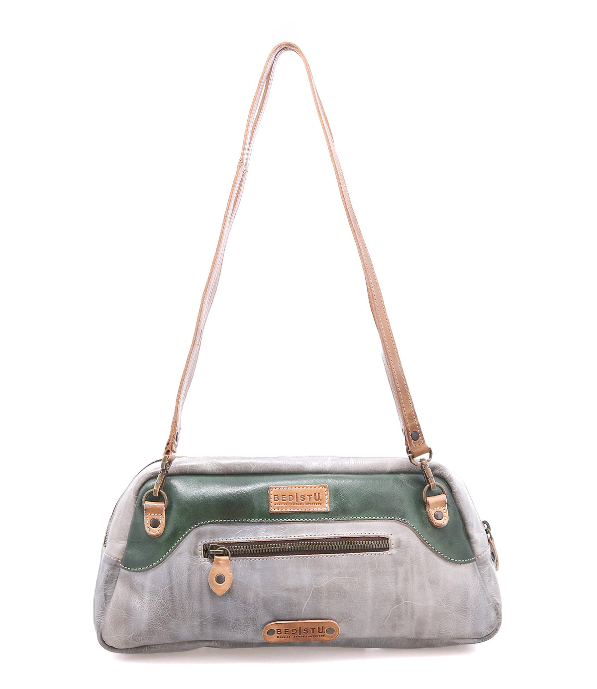 A color-blocked grey and green leather Lorien shoulder bag featuring a top zipper, front pocket, and detachable strap by Bed|Stü.