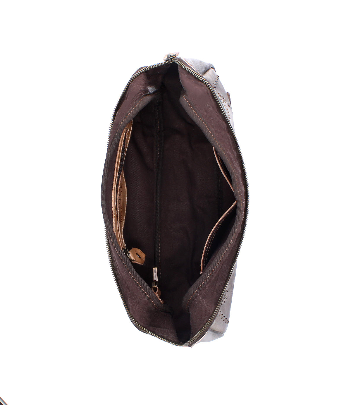 Open dark brown floral Bed|Stü Lorien shoulder bag showing the interior lining and pockets.