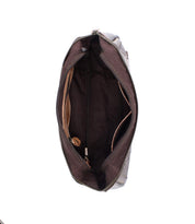 Open dark brown floral Bed|Stü Lorien shoulder bag showing the interior lining and pockets.