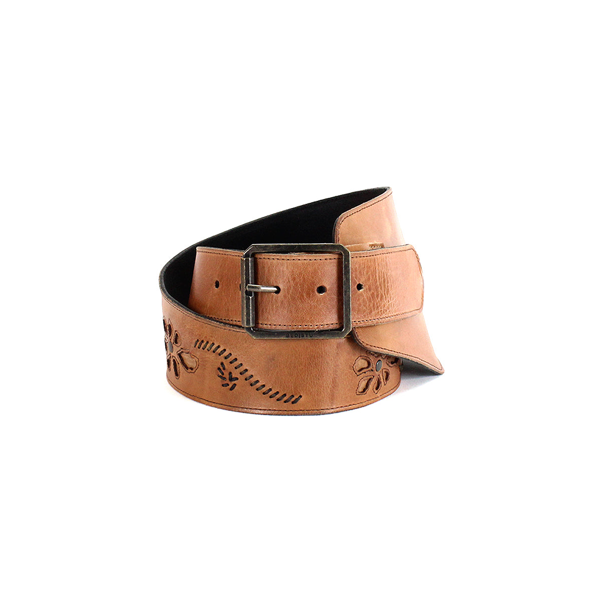 The Bed|Stü Lucen is a wide tan leather boho-chic belt adorned with floral and stitched patterns, finished with a silver buckle and shown against a white backdrop—an expressive accessory perfect for adding flair to any outfit.