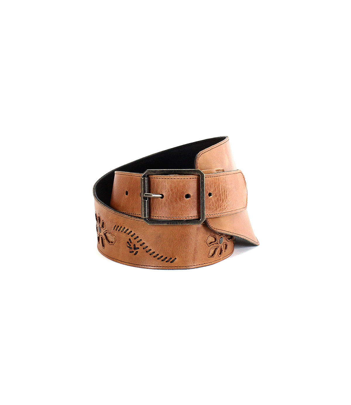 The Bed|Stü Lucen is a wide tan leather boho-chic belt adorned with floral and stitched patterns, finished with a silver buckle and shown against a white backdrop—an expressive accessory perfect for adding flair to any outfit.