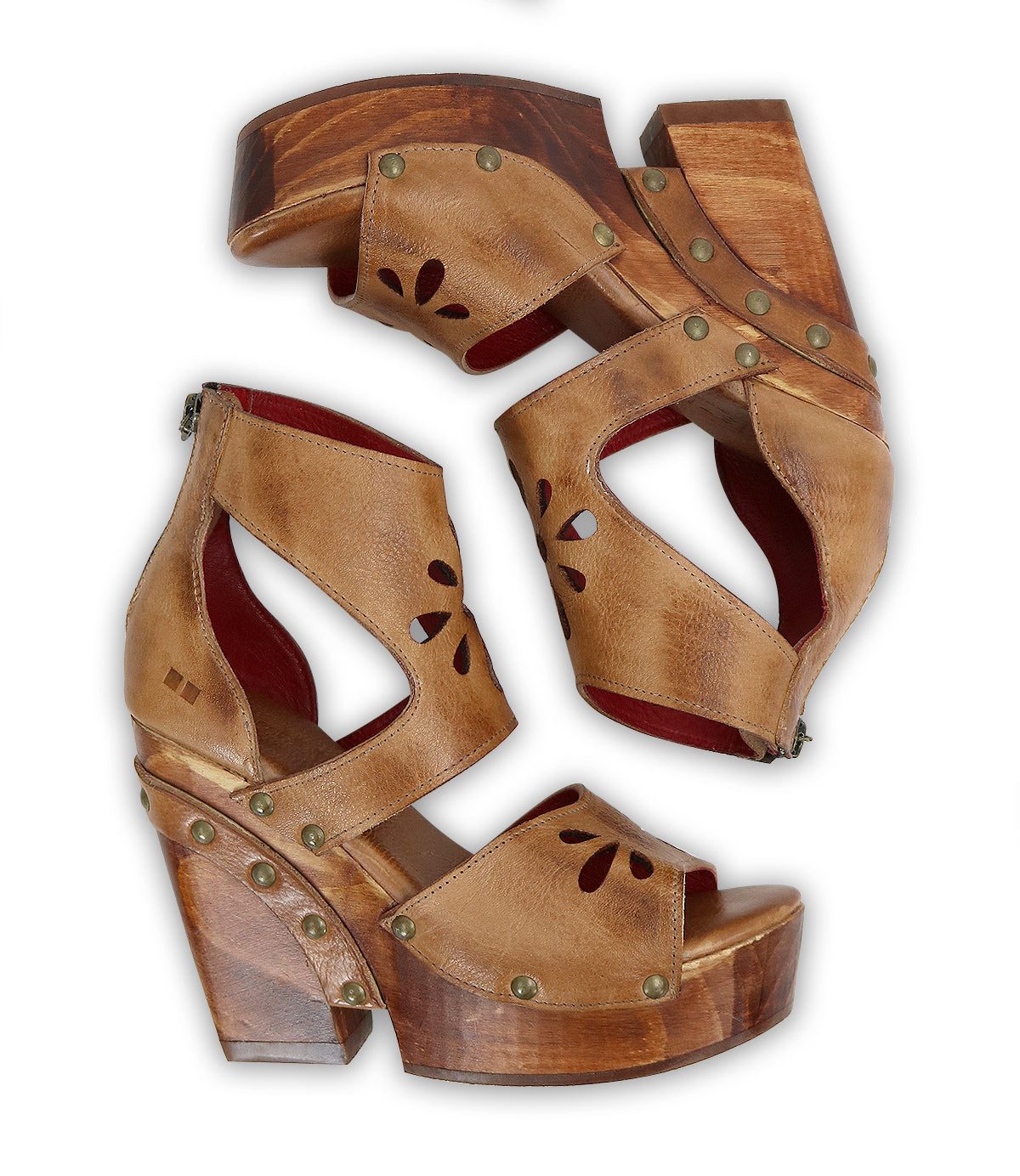A pair of Lucrative sandals with a Bed Stu wooden wedge heel.