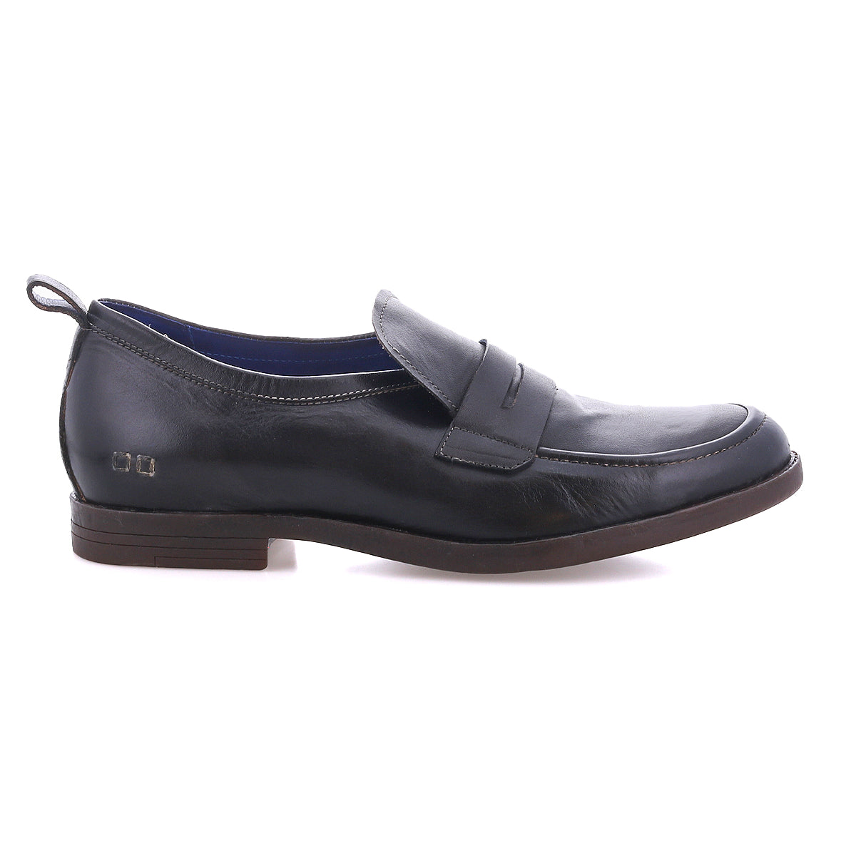Introducing the Bed|Stü Lumaro: a black distressed leather penny loafer featuring a low heel, decorative upper strap, and back pull tab, displayed in side profile against a white background.