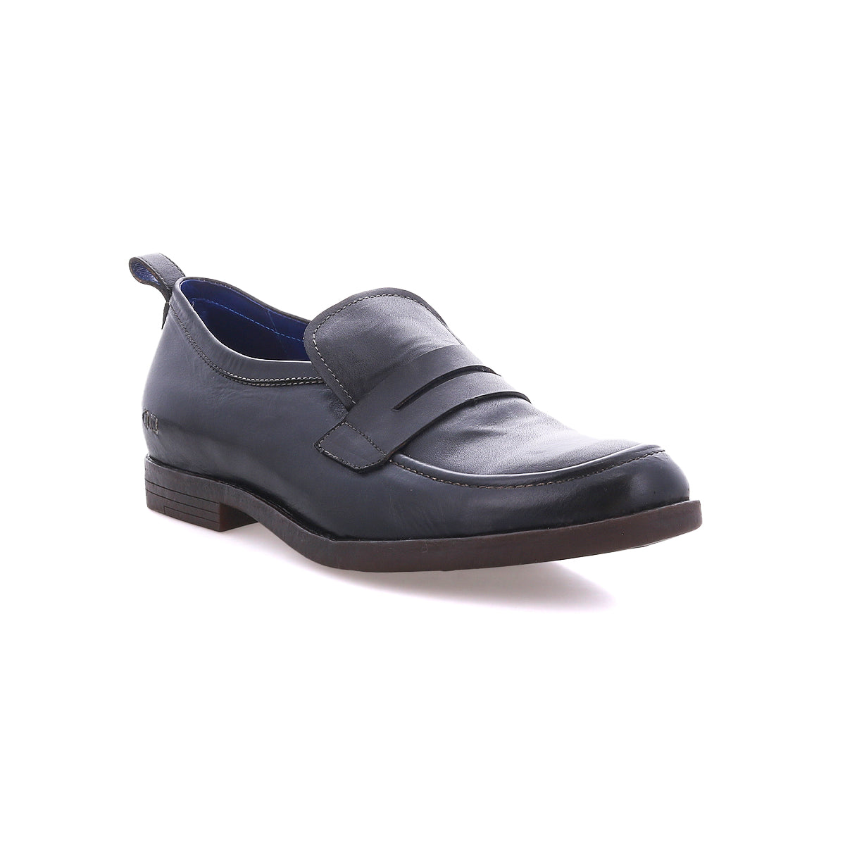 The Bed|Stü Lumaro is a single black penny loafer made from smooth leather, featuring a classic penny strap, low heel, and a pull tab at the back, showcased against a white background.