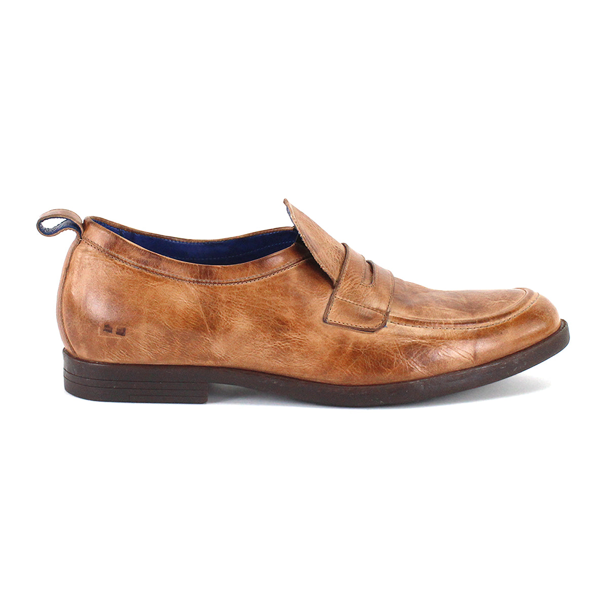 A single Lumaro brown men’s loafer by Bed|Stü, crafted from distressed leather with a low heel and strap detail, is shown from the side against a white background.