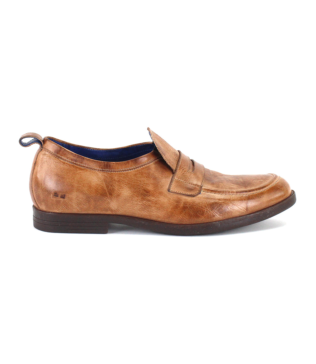 A single Lumaro brown men’s loafer by Bed|Stü, crafted from distressed leather with a low heel and strap detail, is shown from the side against a white background.