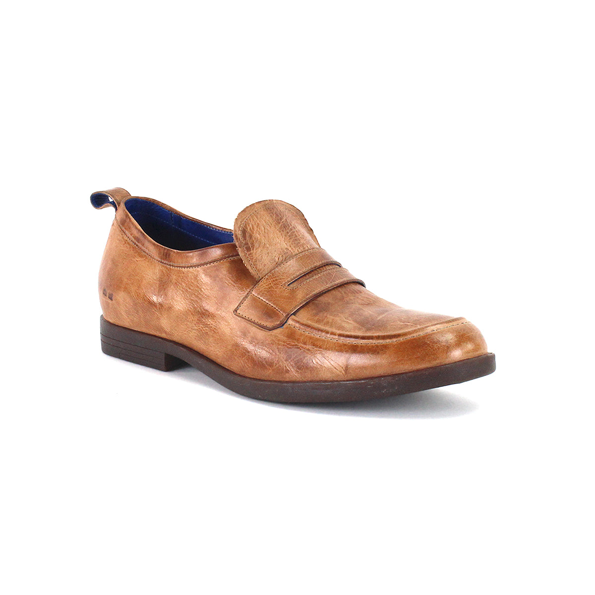 The Bed|Stü Lumaro is a single men’s loafer crafted from brown distressed leather, featuring a low heel, dark sole, and a decorative strap across the upper, photographed against a white background.