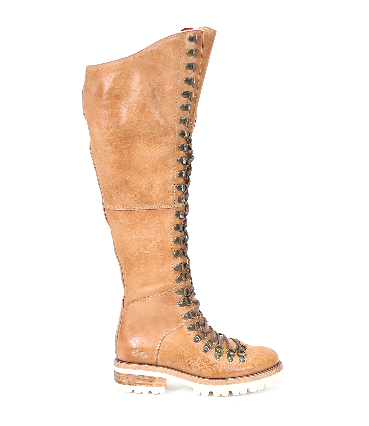 Brown leather knee-high, hiker-style boot with lace-up front and rugged sole, isolated on white background by Bed Stu's Lustrous boot.