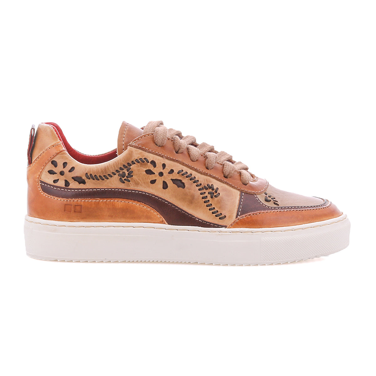Bed|Stü Lynox tan leather classic sneaker with a floral motif, laser-cut detailing, a layered design, and a thick white rubber sole.