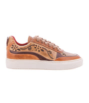 Bed|Stü Lynox tan leather classic sneaker with a floral motif, laser-cut detailing, a layered design, and a thick white rubber sole.