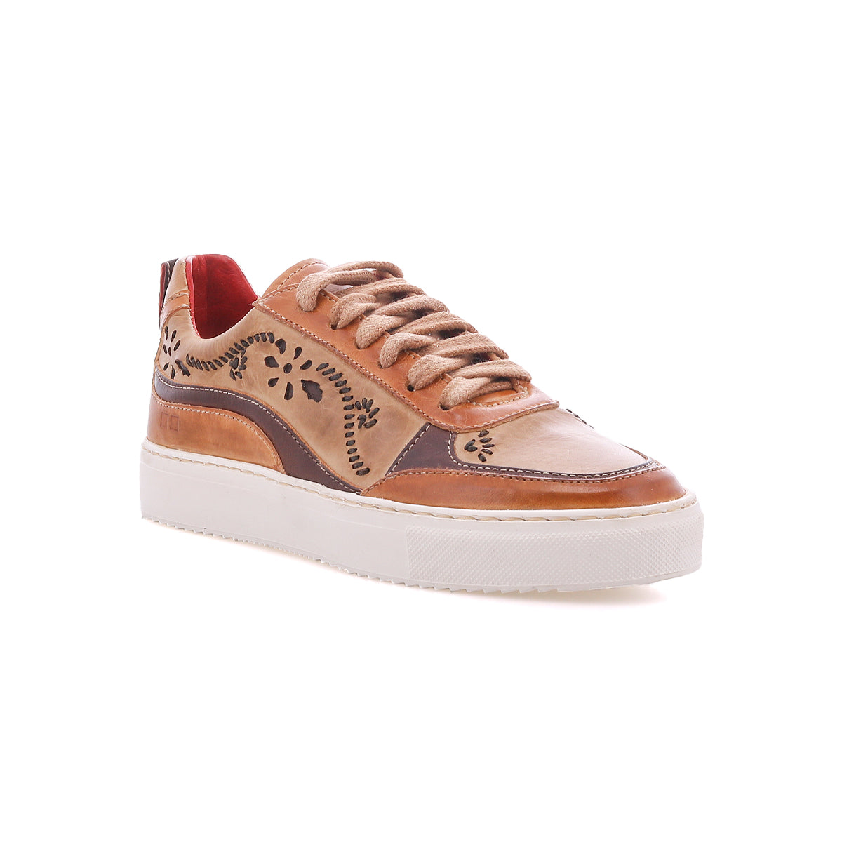 Bed|Stü Lynox tan leather sneaker with brown trim, a classic floral motif, and a thick white rubber sole.
