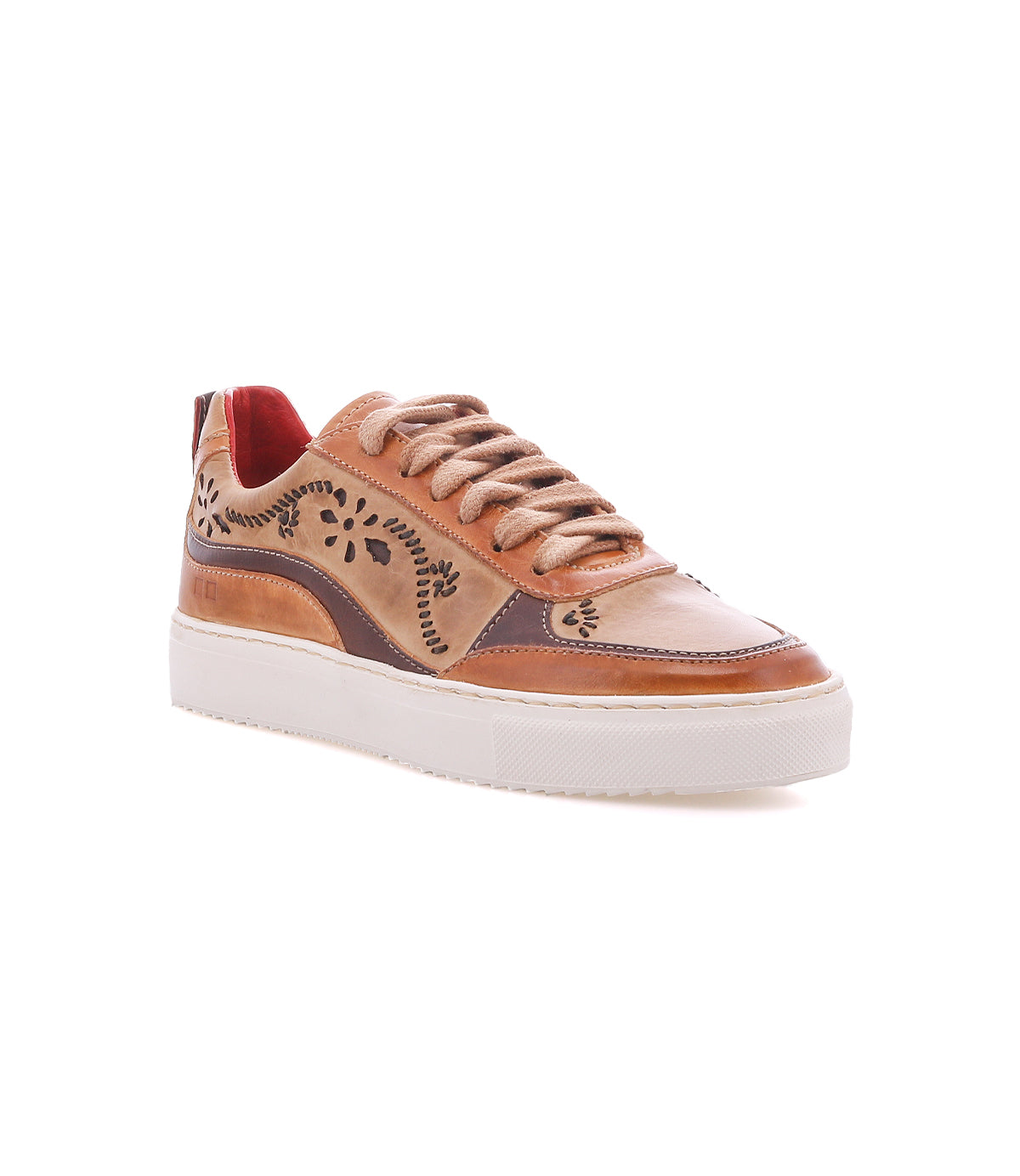 Bed|Stü Lynox tan leather sneaker with brown trim, a classic floral motif, and a thick white rubber sole.