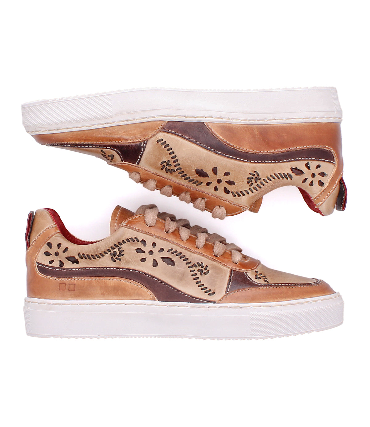 Bed|Stü Lynox tan leather sneakers with a hand-stitched floral motif and thick white soles.