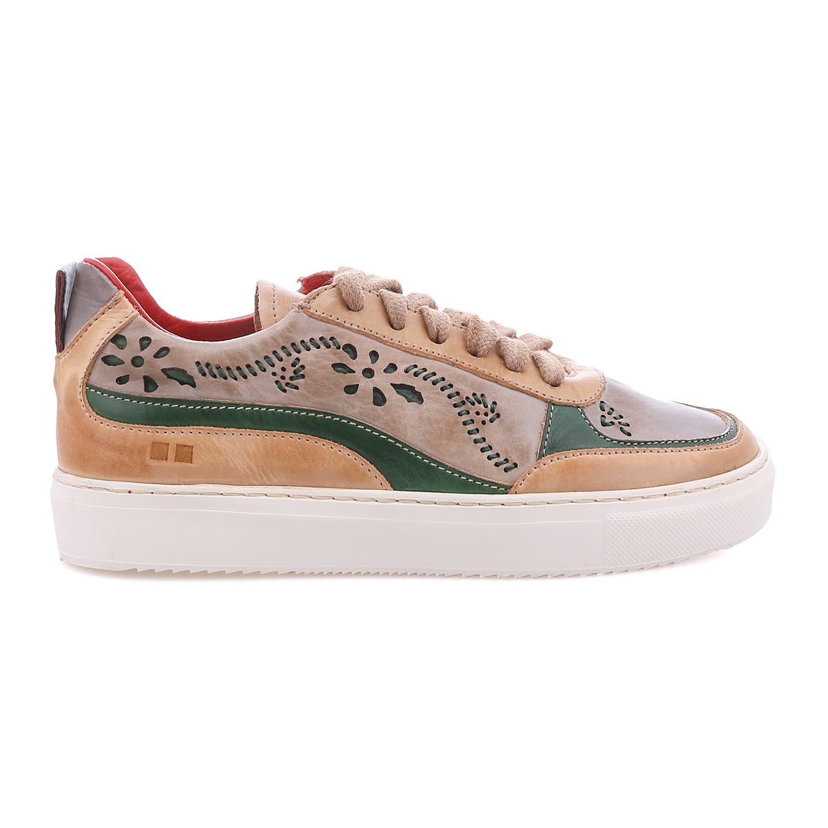 Bed|Stü Lynox low-top floral motif sneakers featuring tan and olive-green leather panels, side laser-cutouts, and a thick white rubber sole.