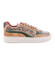 Bed|Stü Lynox low-top floral motif sneakers featuring tan and olive-green leather panels, side laser-cutouts, and a thick white rubber sole.
