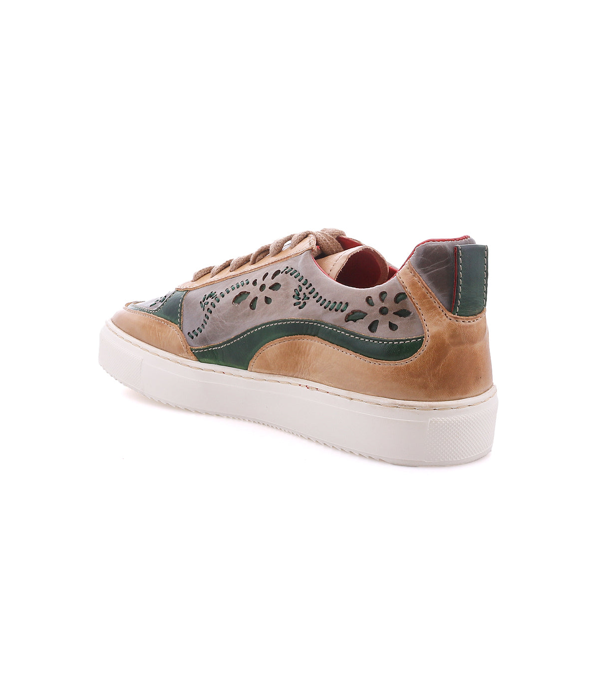 Bed|Stü Lynox low-top sneaker with tan and olive leather panels featuring floral laser-cut detailing, hand-stitched vine details, and a thick white rubber sole.