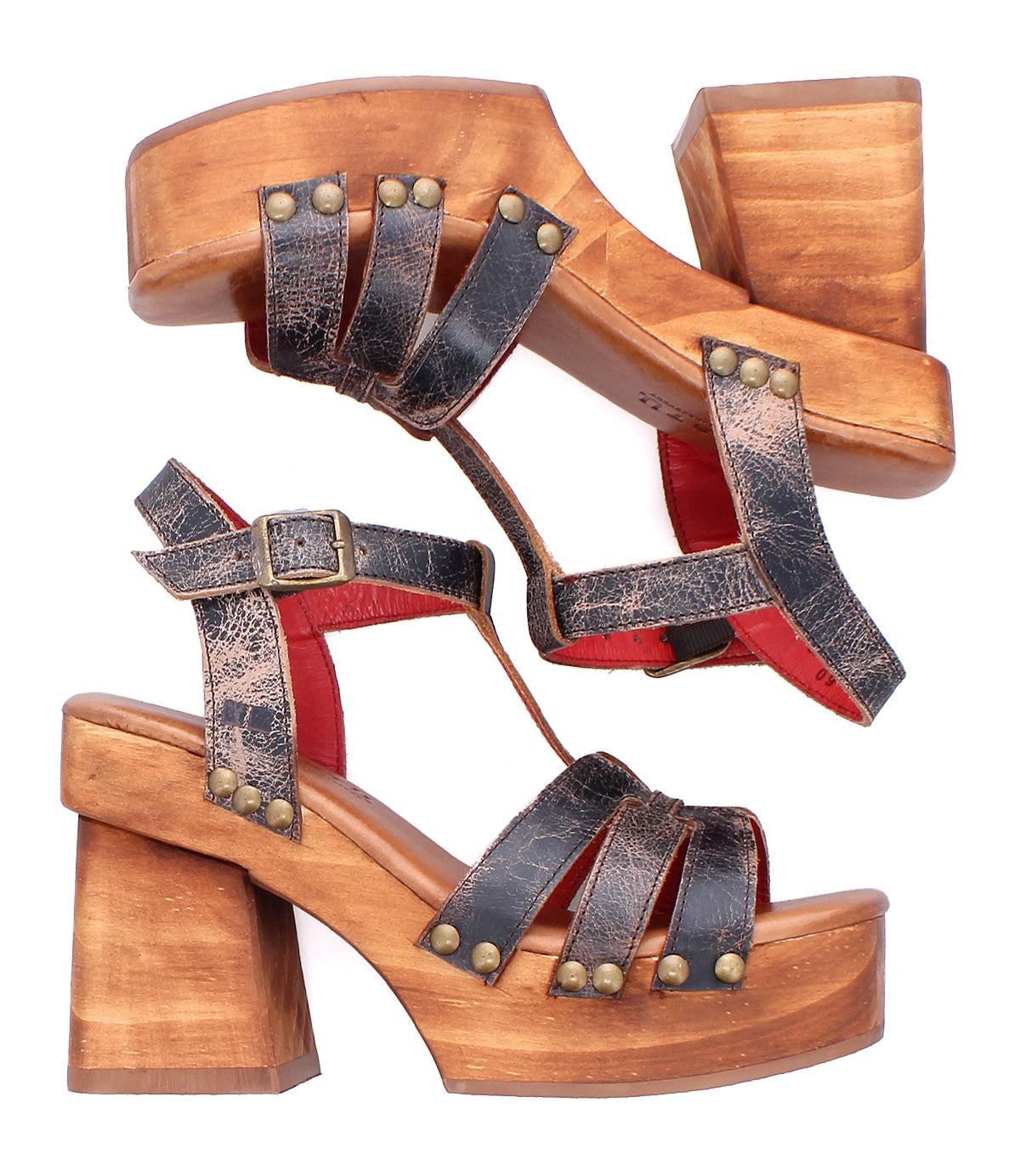 The Bed Stu Lyxon sandals feature brown wooden block platform heels, black distressed leather t-strap design with metal studs and buckles, shown from side and top views.