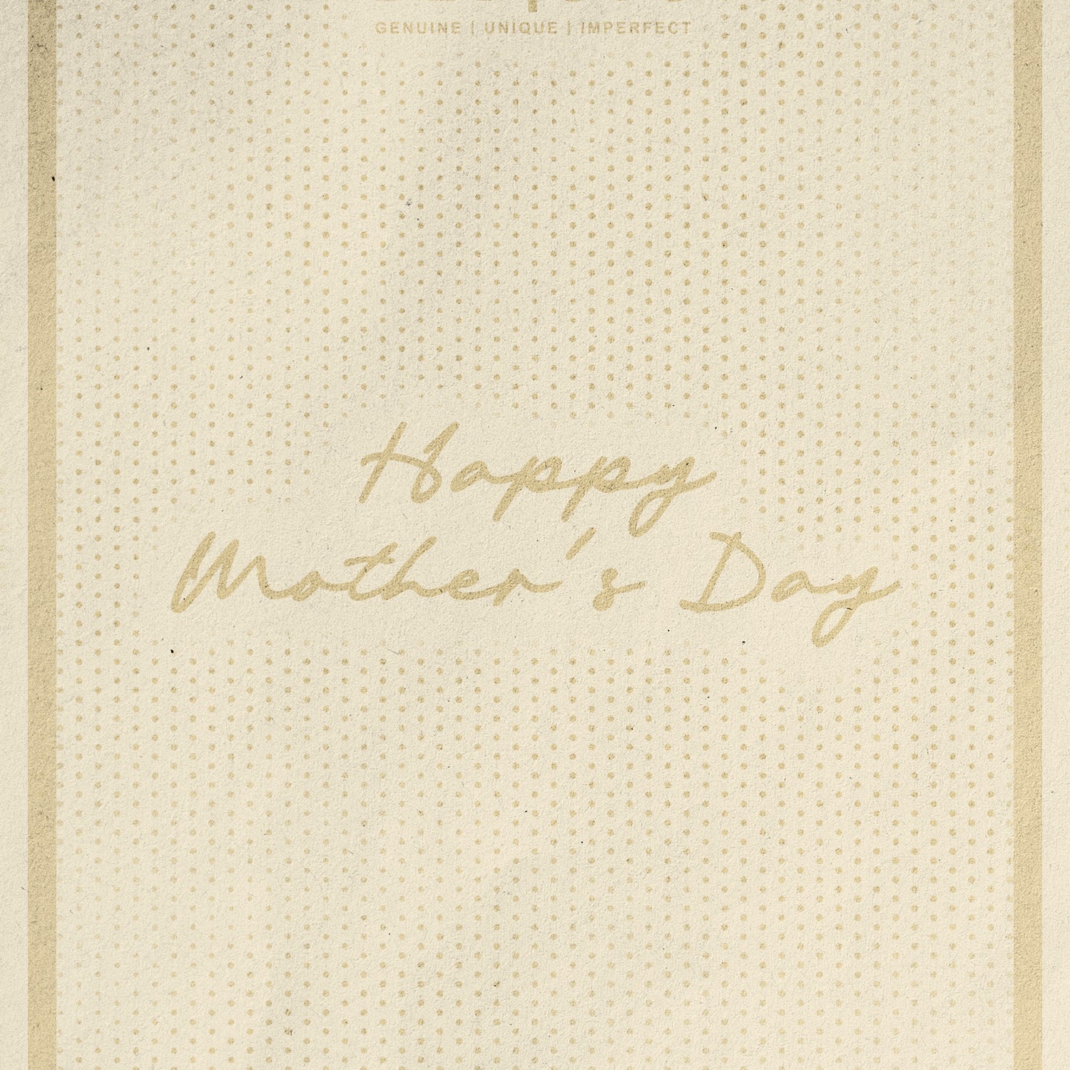 A beige "ILYSM Mom" eGift card by Bed|Stü features "Genuine | Unique | Imperfect" at the top, "Happy Mother's Day" in the center, and a dotted background—ideal for shopping at bedstu.com.