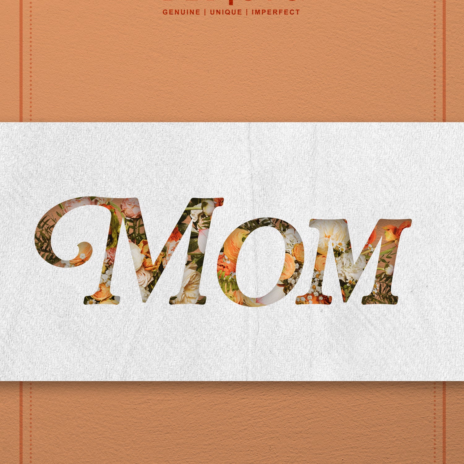 A textured brown background with “Bed|Stü,” “For You Mom” at the top, and “MOM” cut from a white strip reveals a floral pattern—ideal for Bed|Stü’s For You Mom eGift card at bedstu.com.