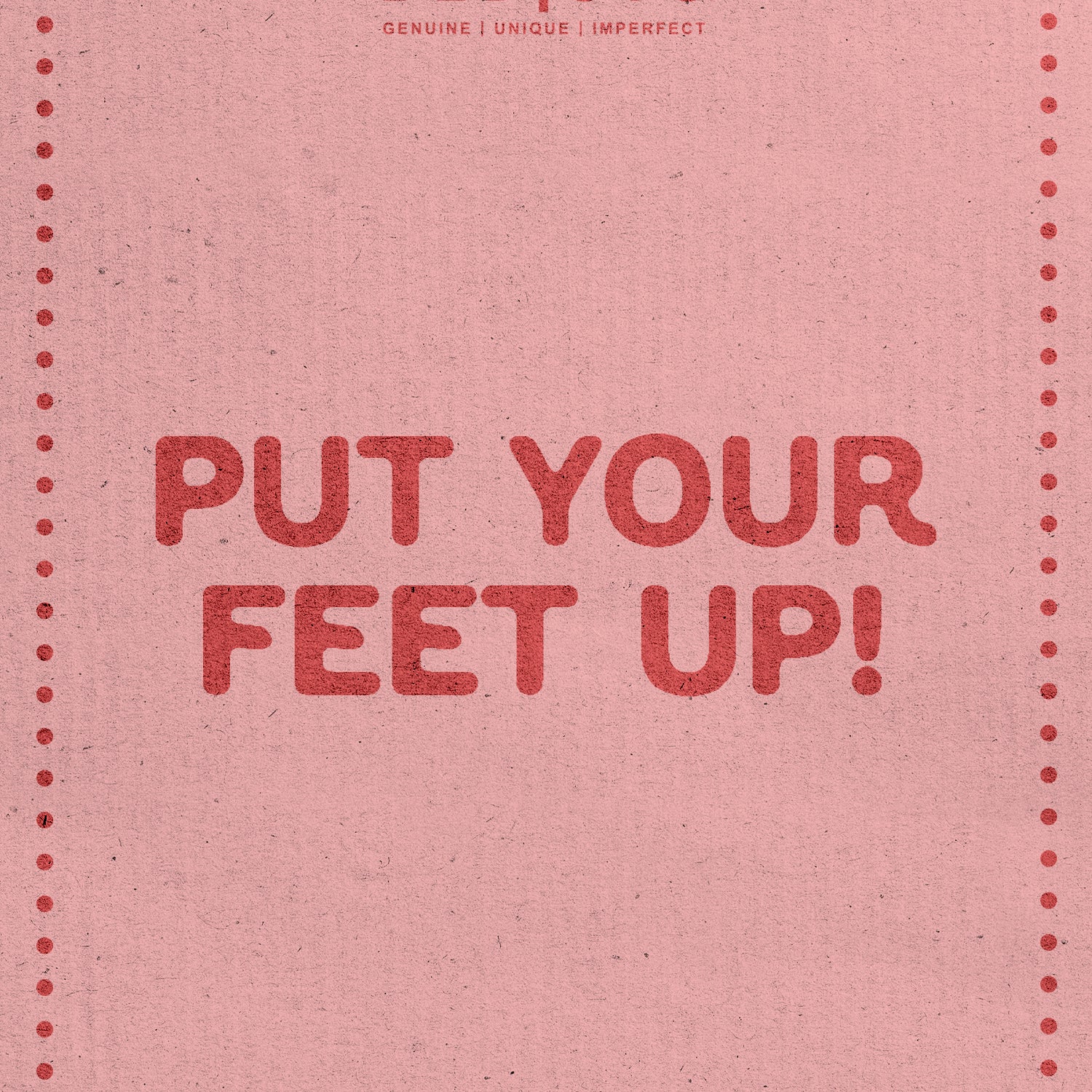 A pink poster with a red dotted border showcases "PUT YOUR FEET UP!" and features the Great Pair by Bed|Stü, inviting you to shop at bedstu.com or send an eGift card.