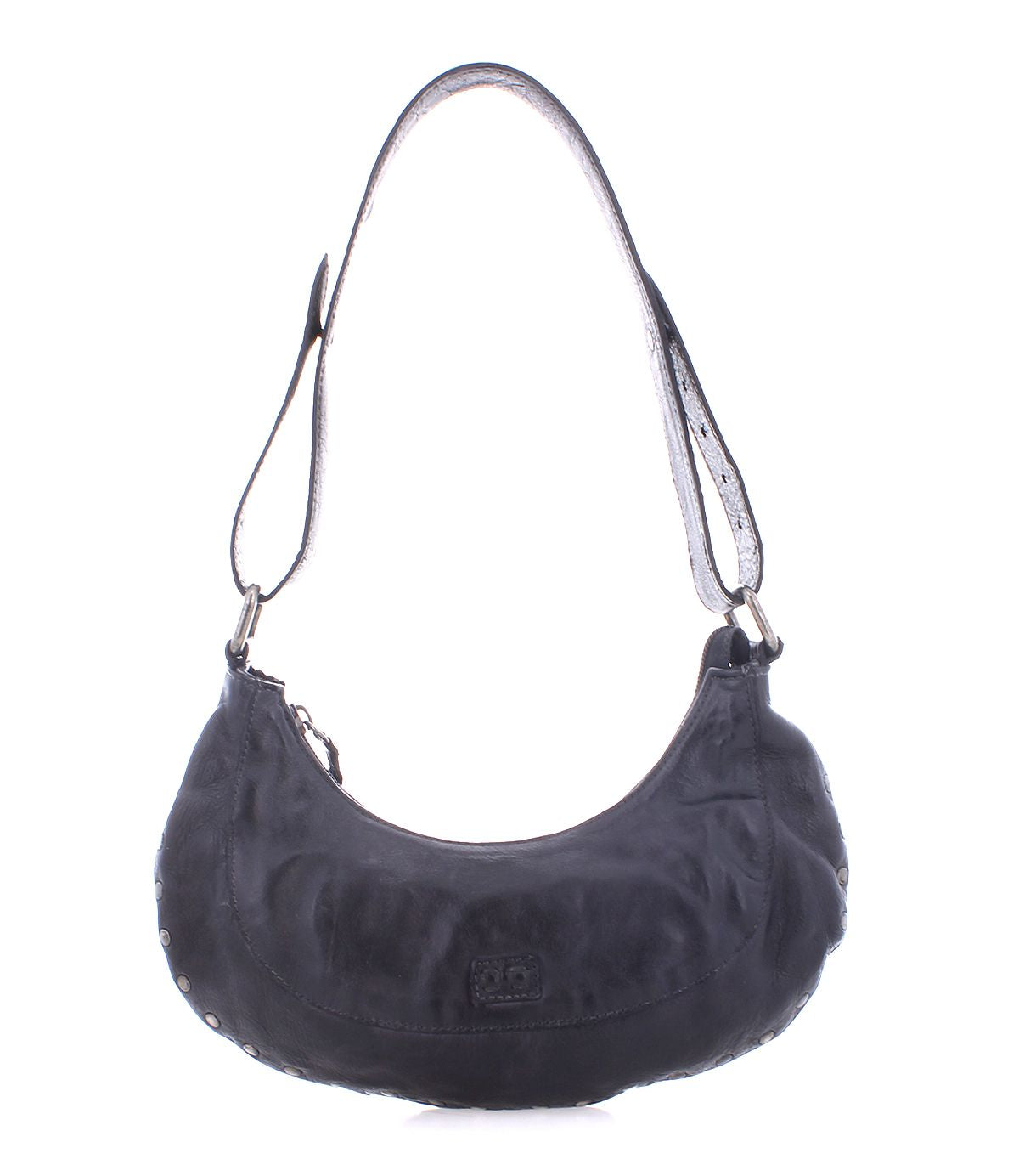 Introducing the Madre by Bed Stu—a black leather shoulder bag featuring a curved design and metallic rivets around the edges. This edgy piece infuses any outfit with a rock ‘n’ roll vibe.