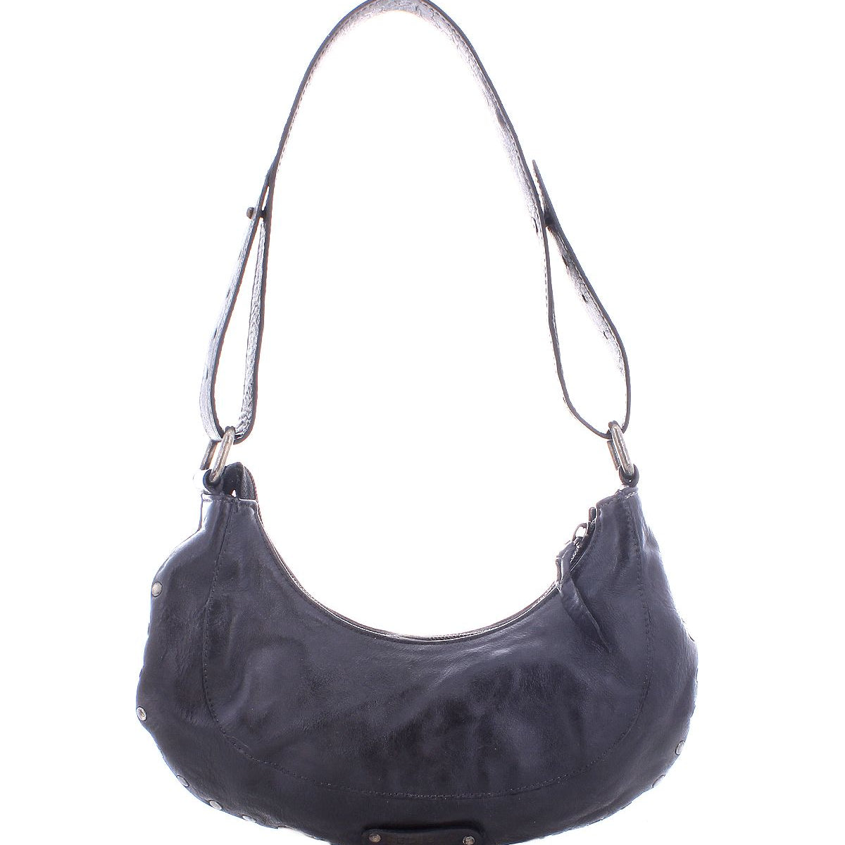 The Madre by Bed Stu is a black leather shoulder bag featuring a curved shape and adjustable strap, perfect for adding a statement-making touch to any outfit.