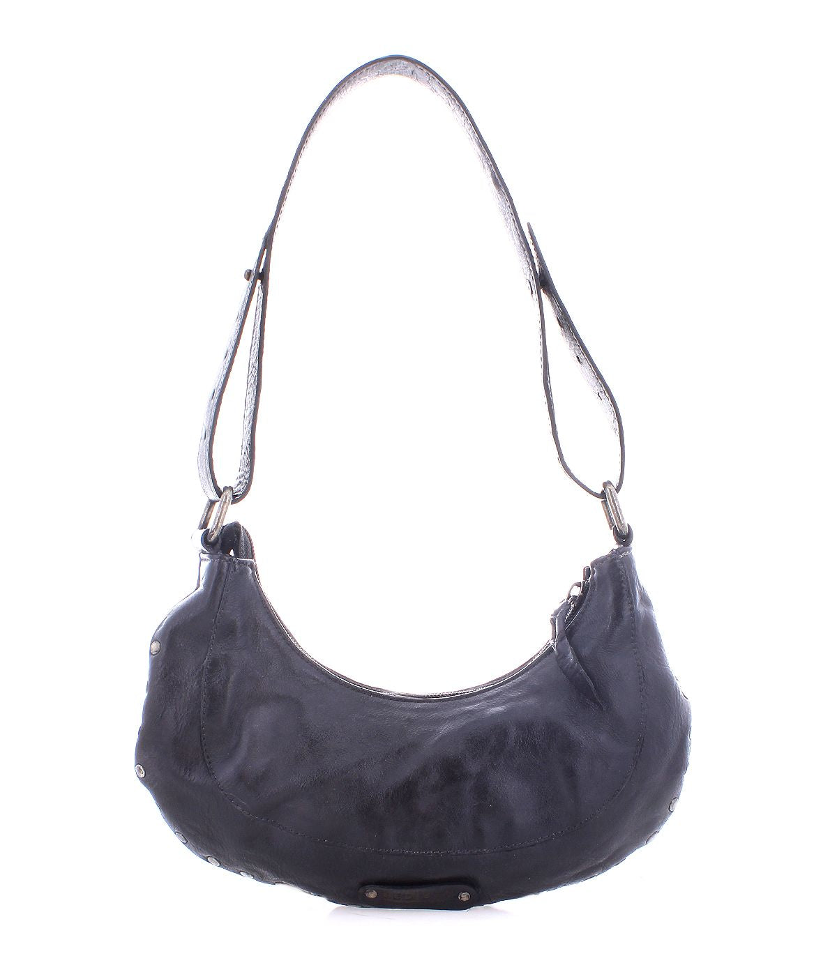 The Madre by Bed Stu is a black leather shoulder bag featuring a curved shape and adjustable strap, perfect for adding a statement-making touch to any outfit.