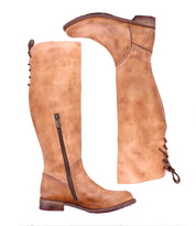 The Bed Stu Manchester boots are tall, tan leather women's boots with side zippers and back lace-up details, shown from side and overhead views against a white background—an essential addition to any wardrobe.