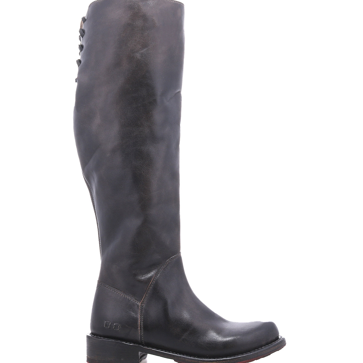 Bed|Stü Manchester Wide Calf dark brown leather knee-high boot with a low heel and lace-up detail at the back.