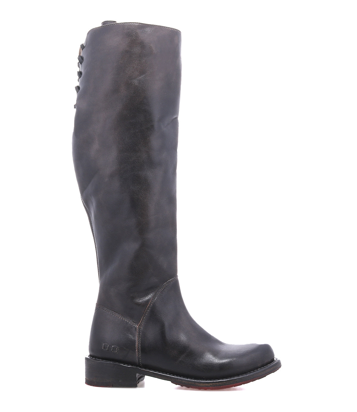 Bed|Stü Manchester Wide Calf dark brown leather knee-high boot with a low heel and lace-up detail at the back.