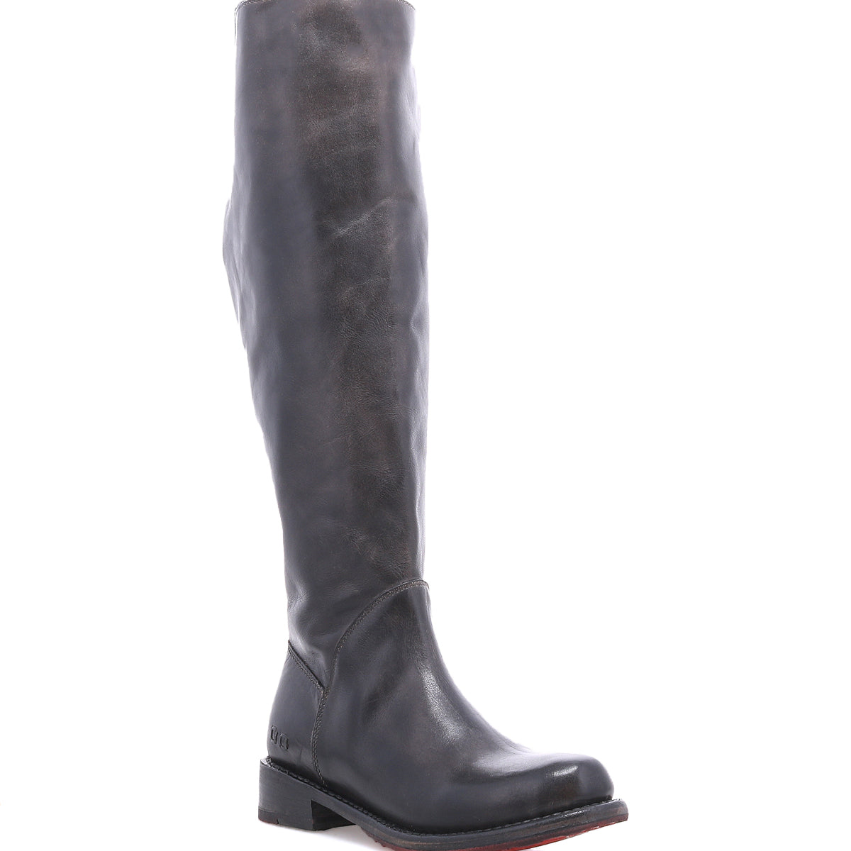 Bed|Stü Manchester Wide Calf dark gray leather knee-high boot with a low heel and a red sole.