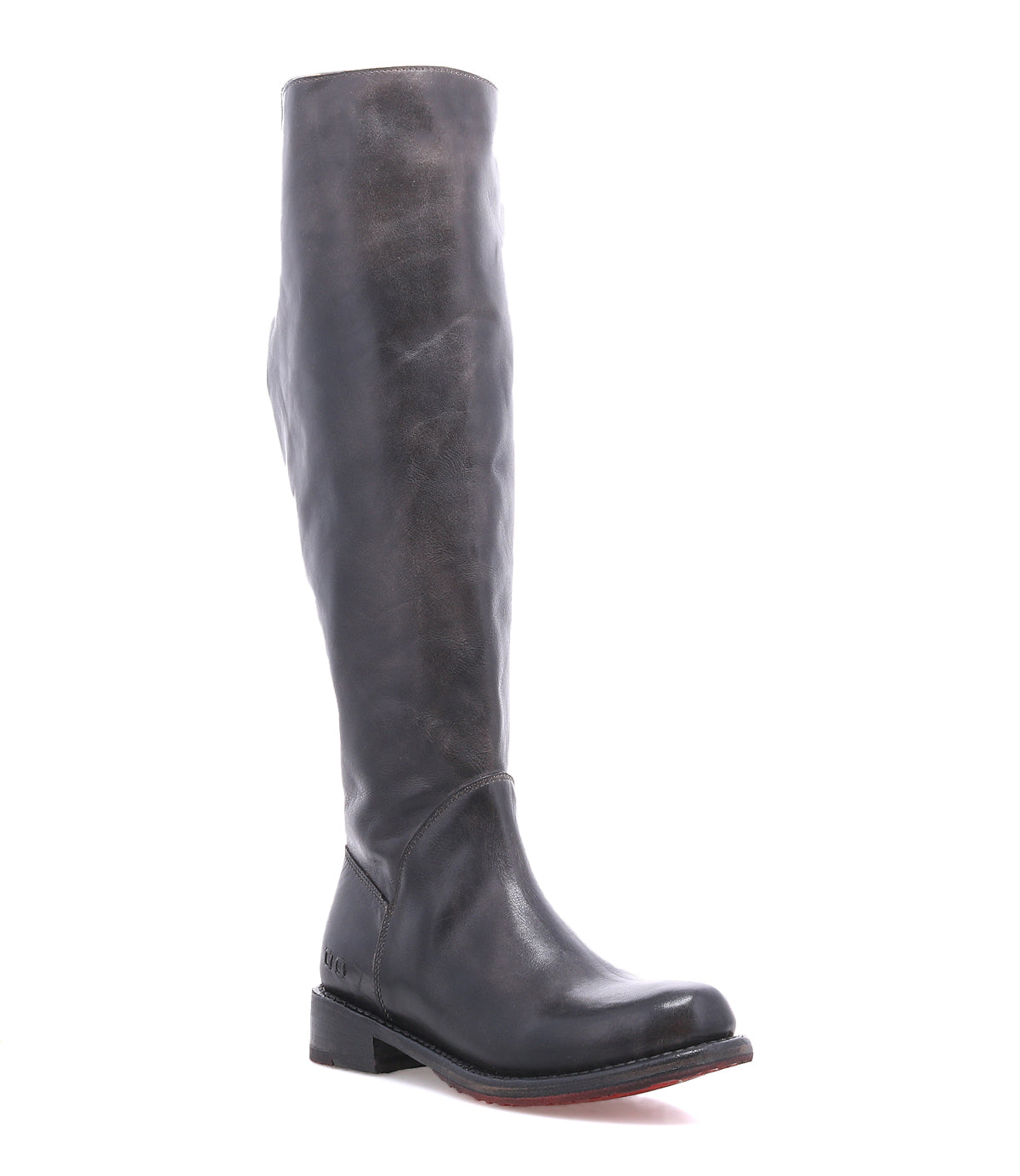 Bed|Stü Manchester Wide Calf dark gray leather knee-high boot with a low heel and a red sole.