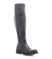 Bed|Stü Manchester Wide Calf dark gray leather knee-high boot with a low heel and a red sole.