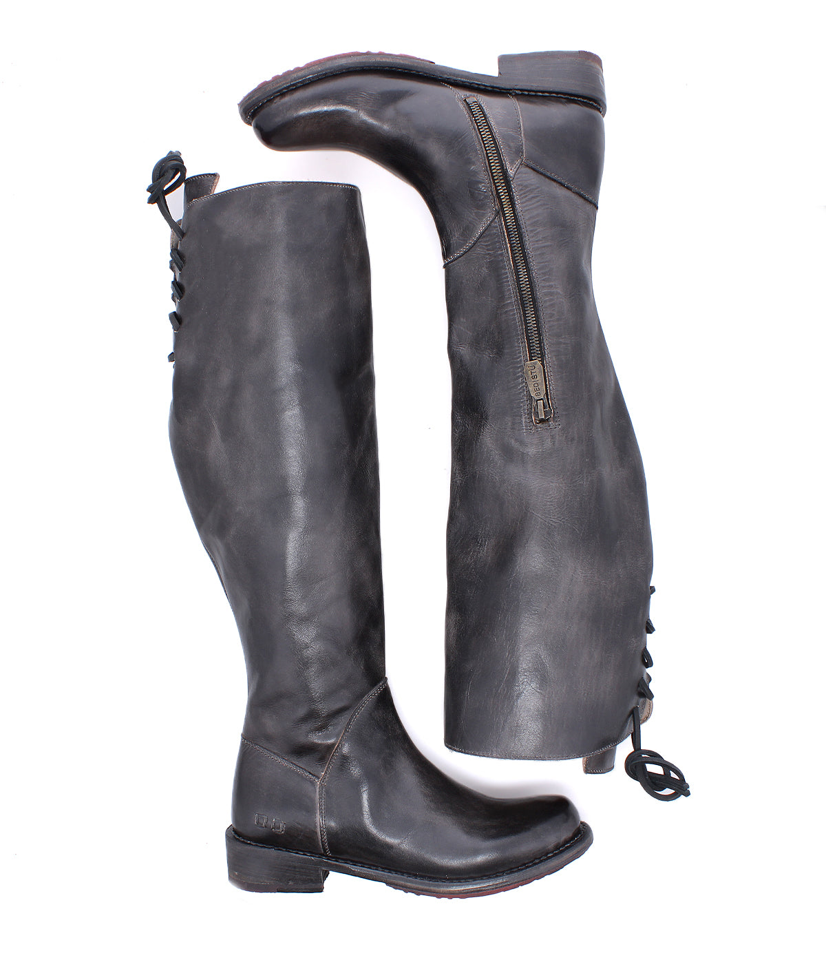 Bed|Stü Manchester Wide Calf dark grey boots with side zippers, lace-up back details, and a comfortable fit.
