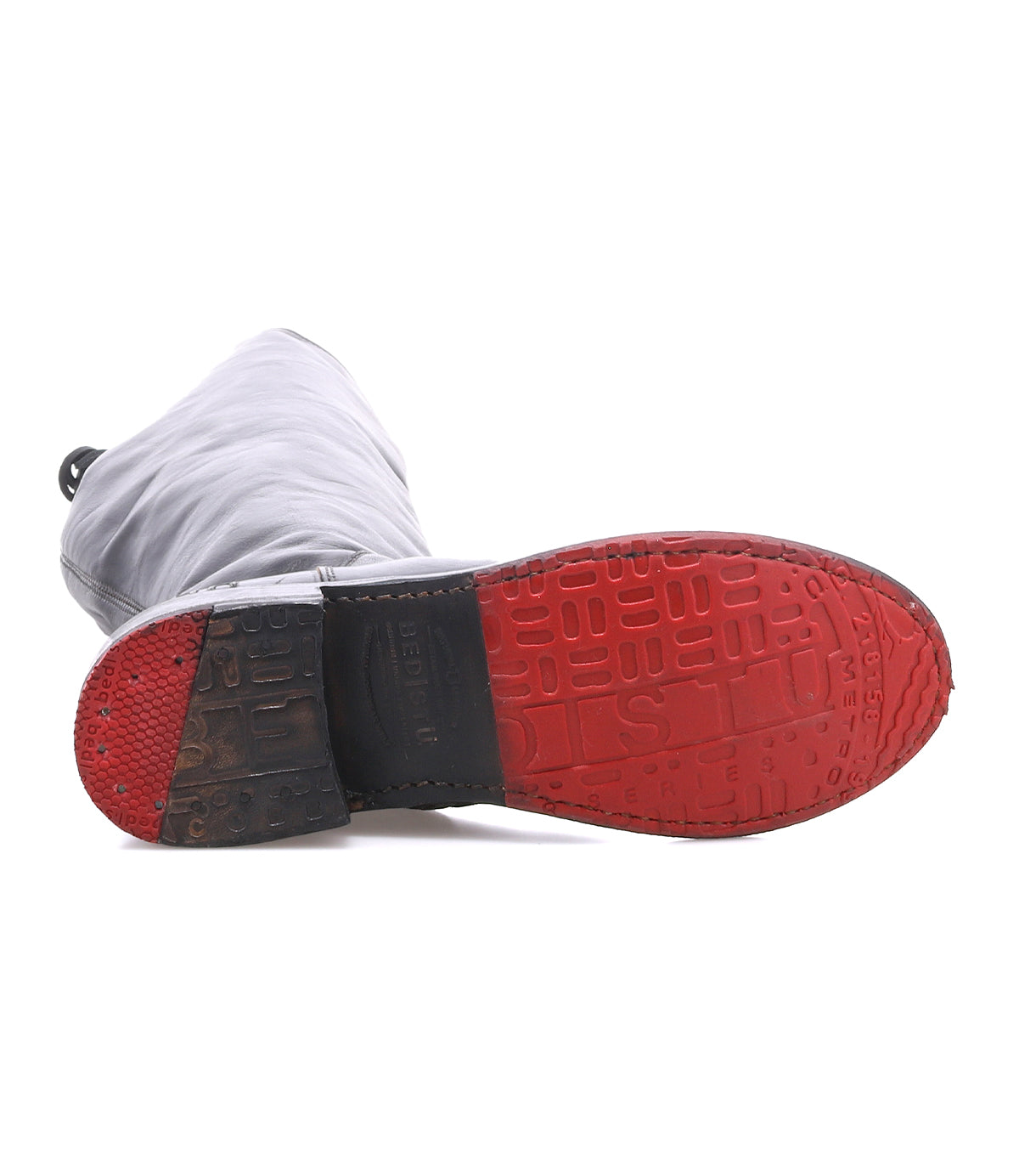 Bed|Stü Manchester Wide Calf tall gray leather boot with a bright red textured rubber sole.