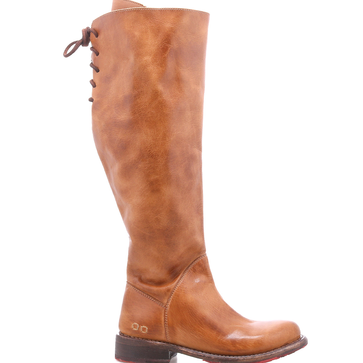 Bed|Stü Manchester Wide Calf knee-high tan leather boot with a lace-up back detail and a low heel for a comfortable fit.