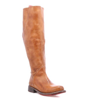 Bed|Stü Manchester Wide Calf tan leather knee-high boot with a low heel and a red sole for a comfortable fit.
