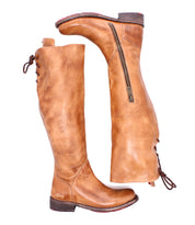 Bed|Stü Manchester Wide Calf tan leather boots, one shown from the side with a full-length zipper and the other from the back showing lace-up detailing for a comfortable fit.