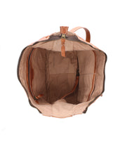 Top-down view of Bed Stu's Manitoba bag in tan, featuring a spacious beige interior with multiple pockets, a zippered compartment, and an adjustable strap—ideal for everyday wear.