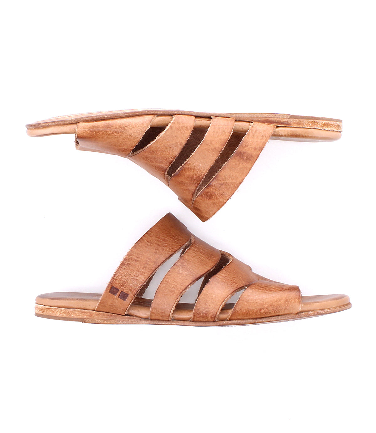 The Bed Stu Margin features brown leather slide sandals with a leather upper and multiple straps, displayed side by side against a white background—ideal for casual outings.