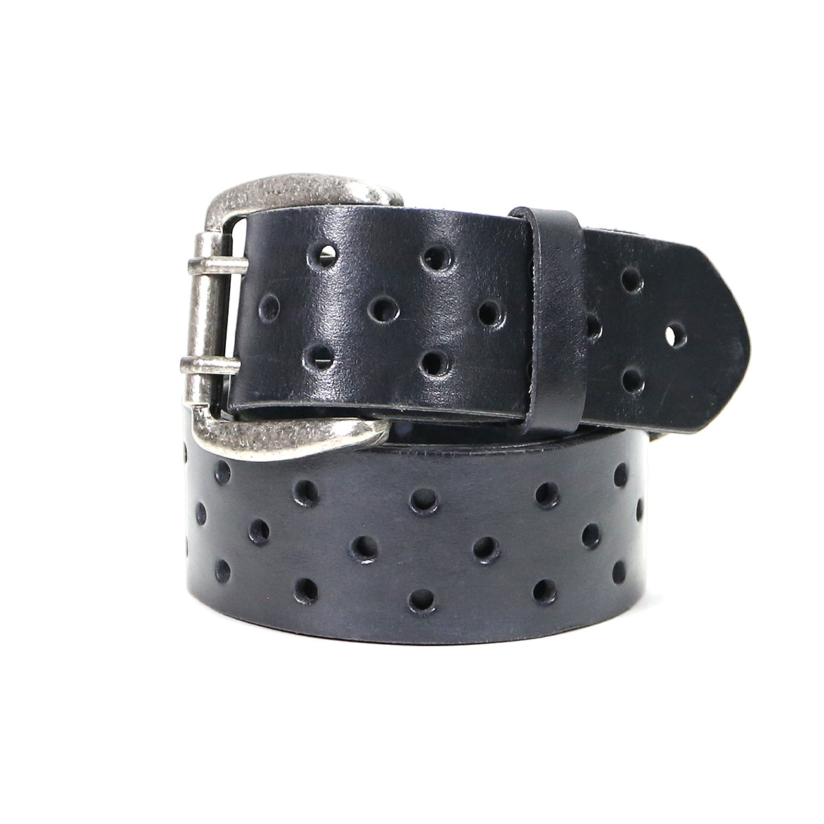 Black Mccoy vegetable-tanned leather belt with perforations and a silver buckle, coiled neatly on a white background by Bed Stu.