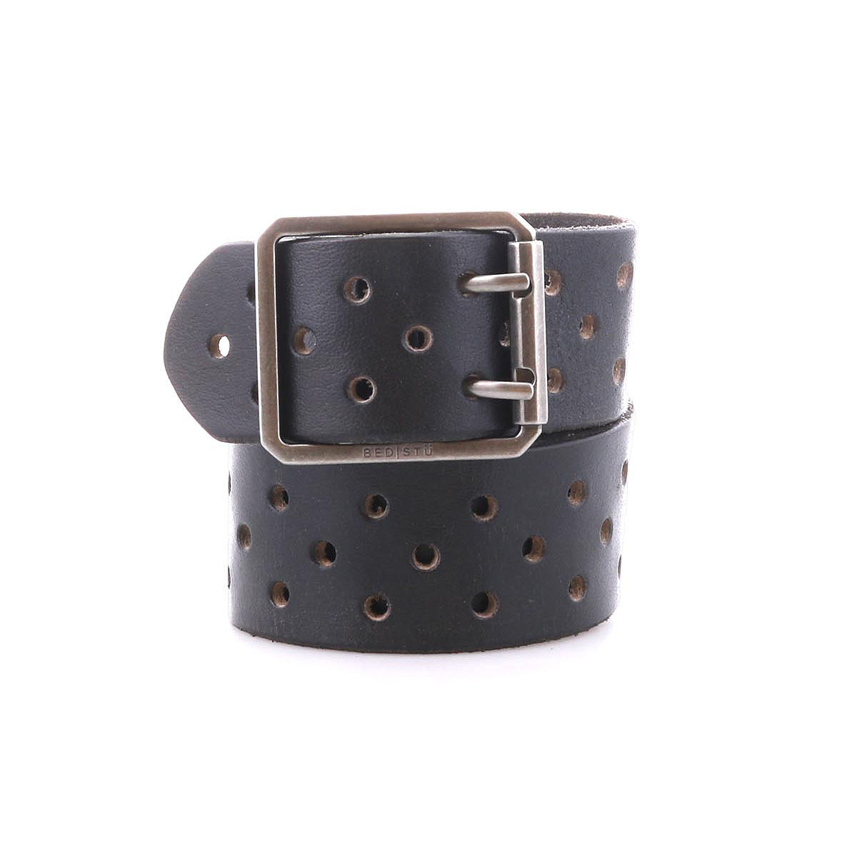 The Bed Stu Mccoy is a black vegetable-tanned leather belt featuring evenly spaced round holes and a rectangular metal buckle, rolled up against a white background—a timeless classic with modern appeal.
